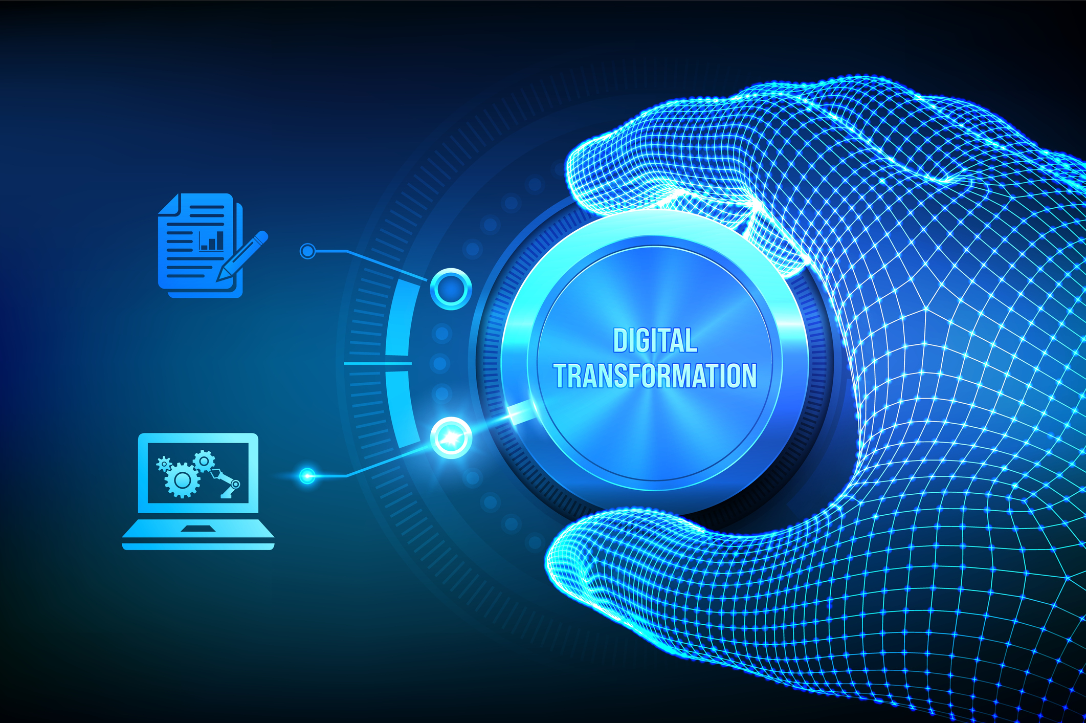 Digital transformation. Digitization of business processes and modern technology. Wireframe hand turning a knob and selecting digital mode. Digitalization of analog data concept. Vector illustration